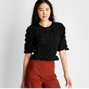Women's Elbow Sleeve Ruffle Textured Top Future Collective Size Small Black 1248
